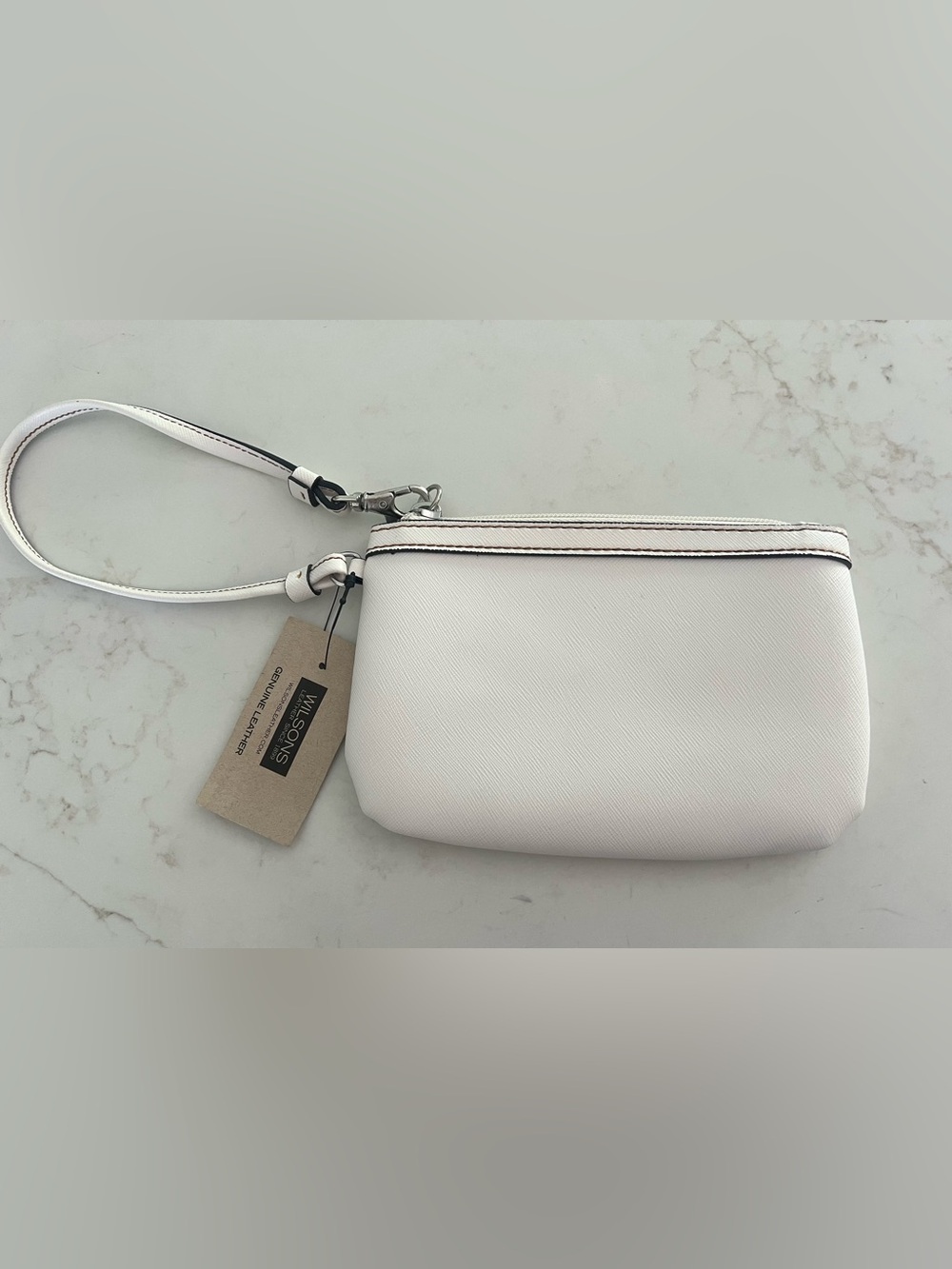 NEW Wilsons Leather Ivory Genuine Leather Wristlet Pouch Zip Top Clutch